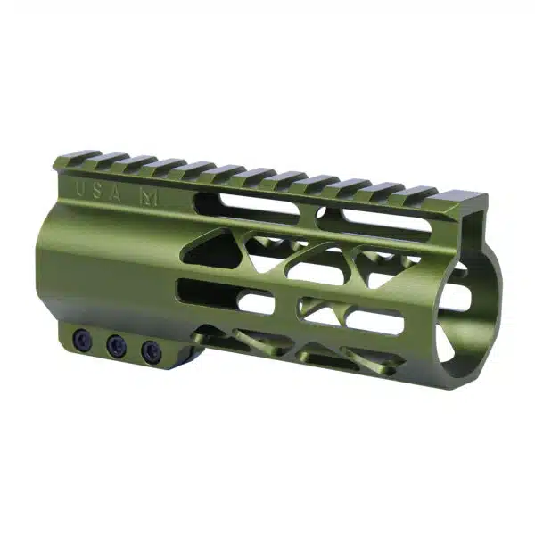 Olive green tactical handguard with Picatinny rail, M-LOK slots, and geometric cutouts.
