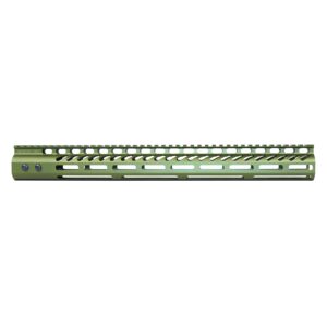Olive drab M-LOK tactical handguard for rifles with geometric cutouts for weight and cooling.