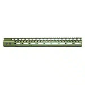 Olive drab M-LOK tactical handguard for rifles with geometric cutouts for weight and cooling.