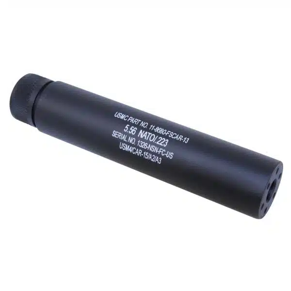 Cylindrical black firearm suppressor with a threaded end and visible manufacturer details.