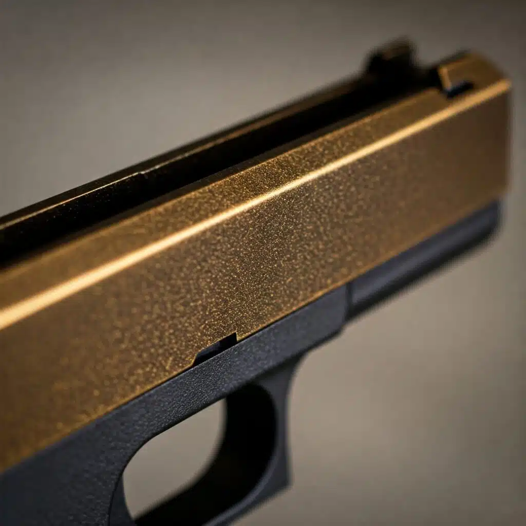 Bronze-finished handgun close-up, highlighting textured slide and matte black frame.