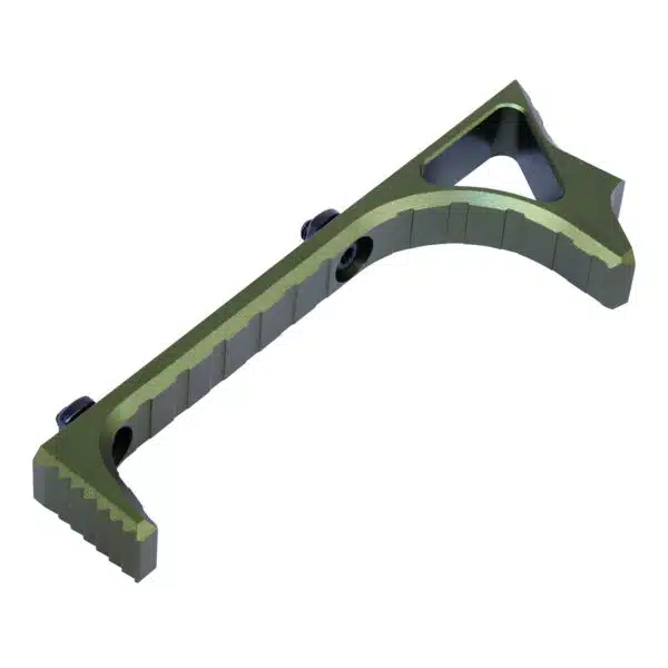 Military green tactical angled foregrip for firearms with ergonomic shape and textured grip.