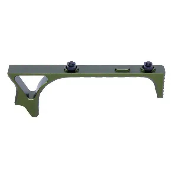 Green angled foregrip with ergonomic design for M-LOK, featuring lightweight polymer construction.