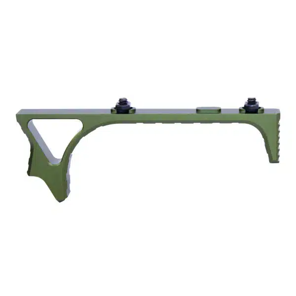 Olive green angled foregrip, ergonomic design, Picatinny rail mount, ribbed texture, lightweight.