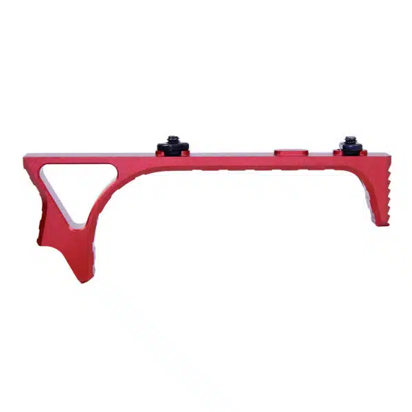 Bright red tactical angled foregrip for firearms with ergonomic design and standard rail mount.