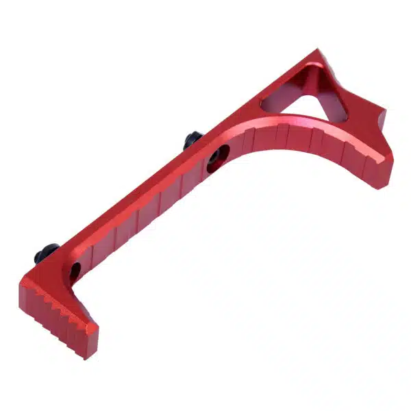 Red anodized angled foregrip for M-LOK rails, ergonomic and lightweight design.