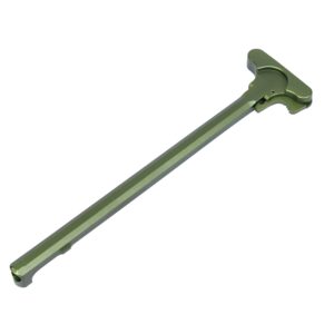 Olive drab charging handle for AR-10 rifles, matte finish, durable and ergonomic.