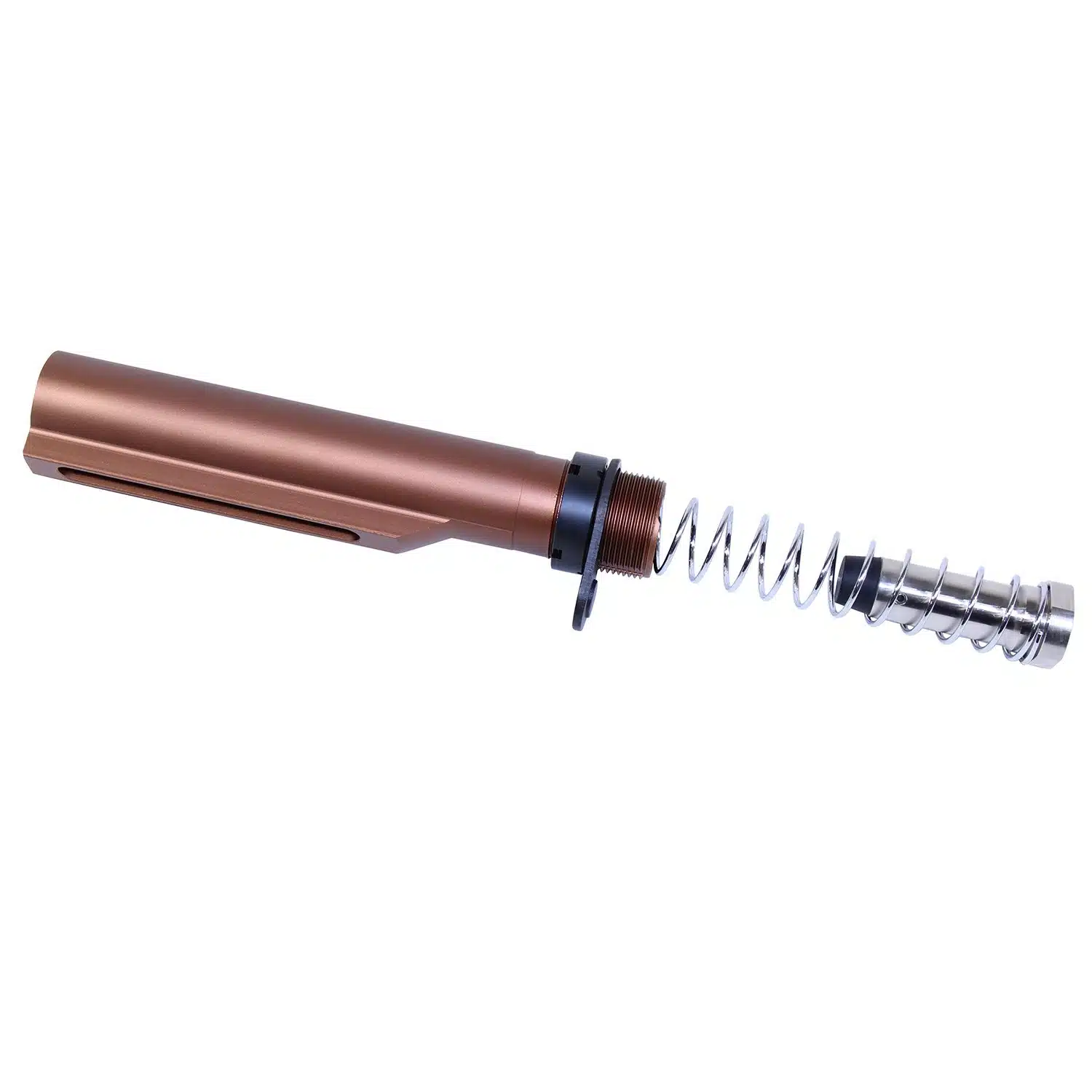 Anodized bronze AR-10 buffer tube with recoil spring and buffer weight