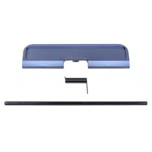 Anodized grey AR-10 / LR-308 ejection port dust cover assembly with spring and rod on white background