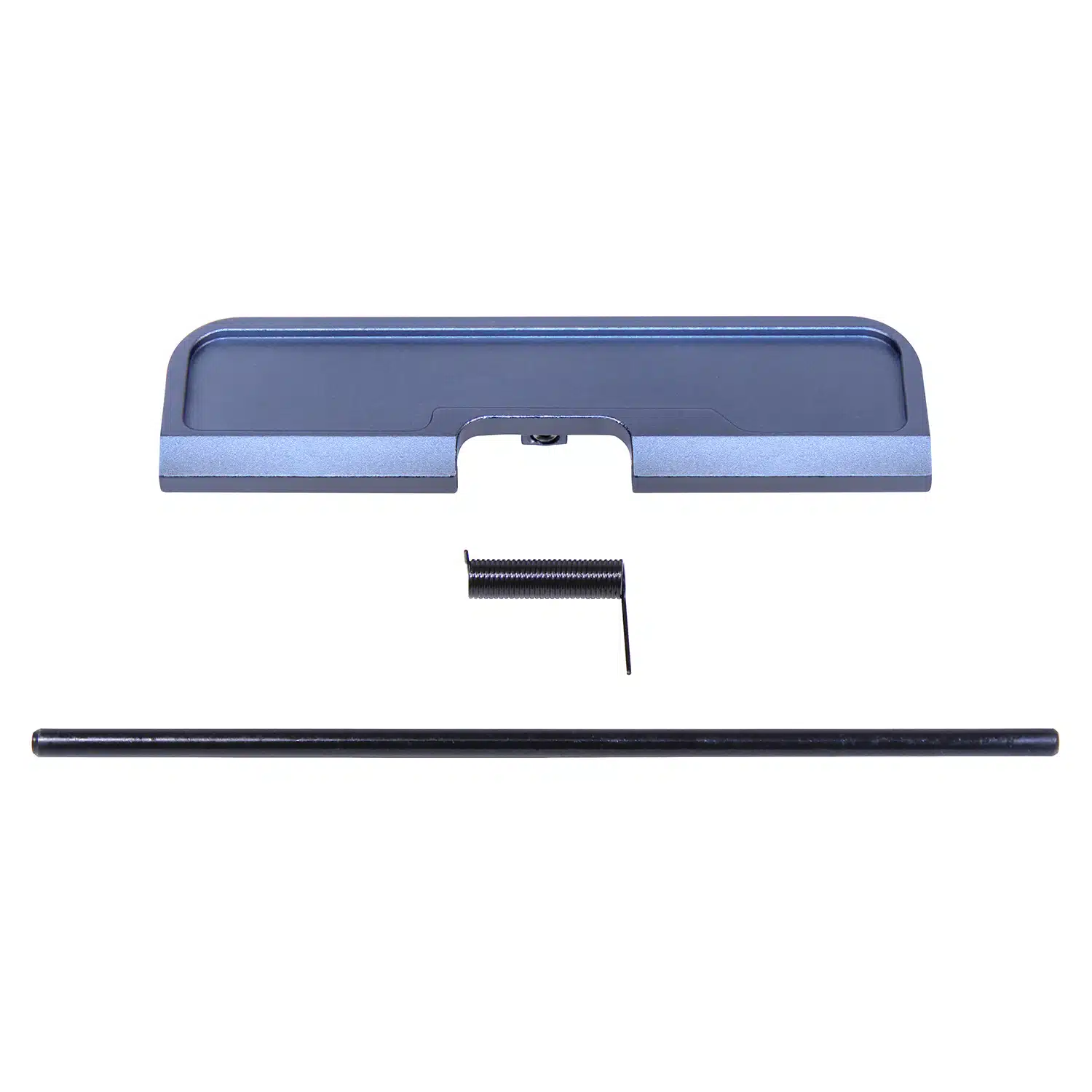 Anodized grey AR-10 / LR-308 ejection port dust cover assembly with spring and rod on white background