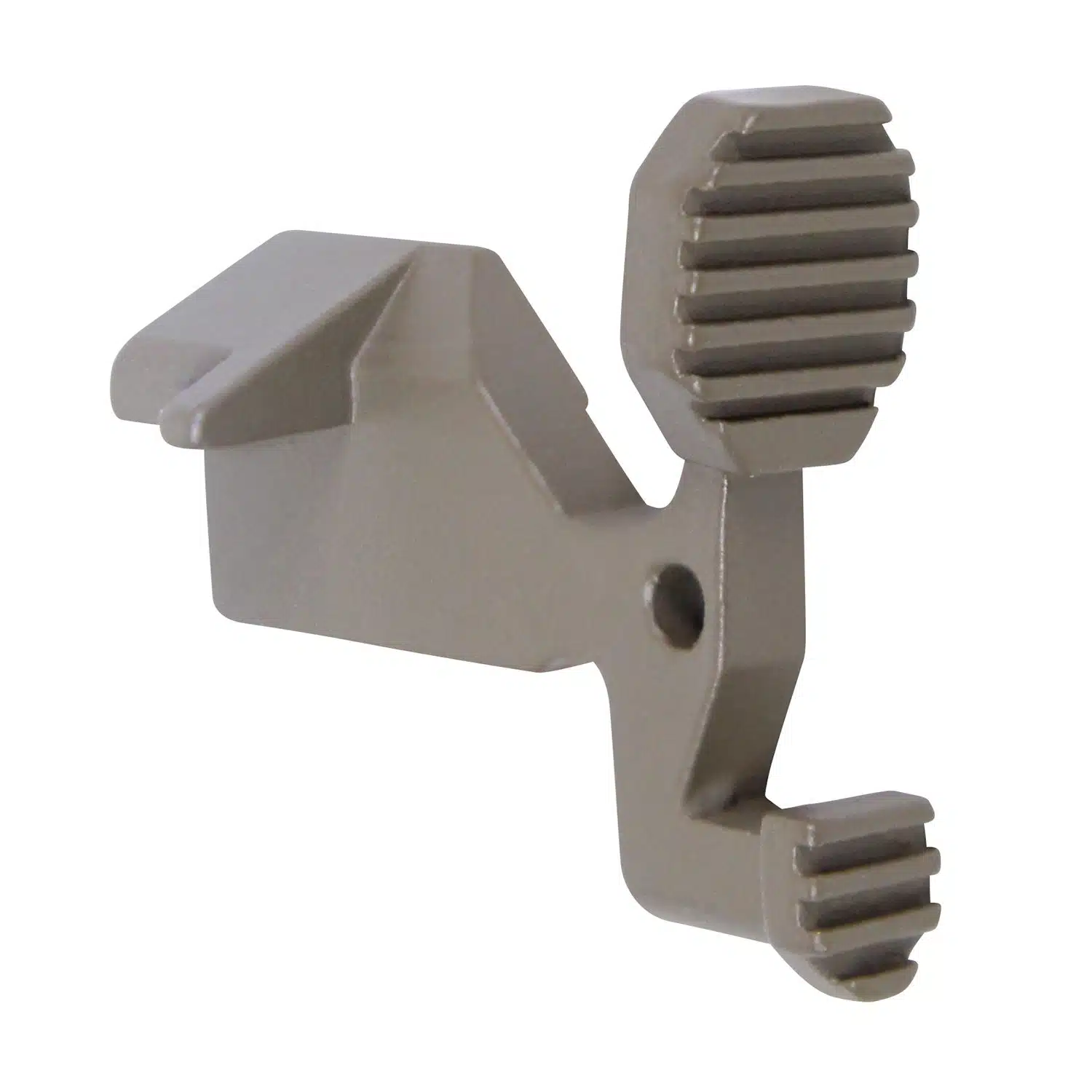 AR-15 extended ergonomic bolt catch in Flat Dark Earth finish, showing paddle design and non-slip grooves
