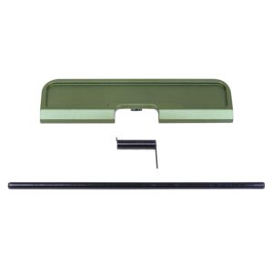 Olive green AR-15 dust cover assembly with hinge pin and spring in product photo.