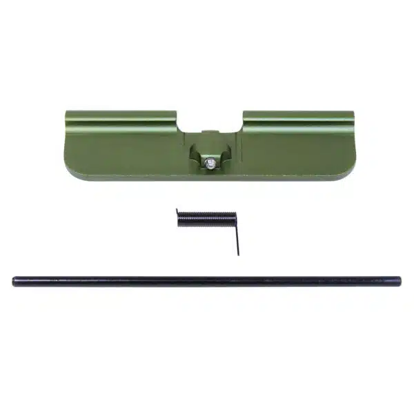Olive green AR-15 dust cover assembly with hinge pin and spring, on white background.