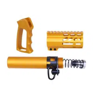 Gold anodized AR-15 parts set: ergonomic grip, vented handguard, buffer tube for customization.
