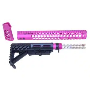 AR-15 Honeycomb furniture set with anodized pink handguard, pistol grip, and black stock kit.