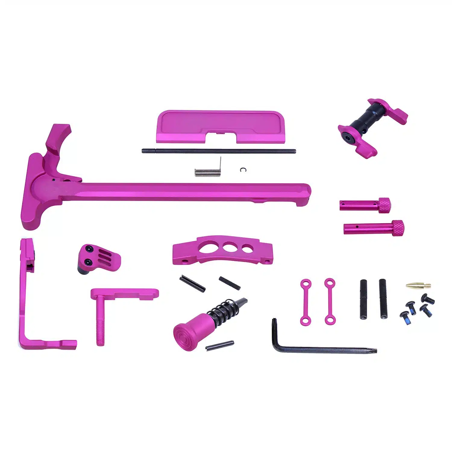 AR-15 Accent Kit in Anodized Pink finish showing charging handle, trigger guard, and pins