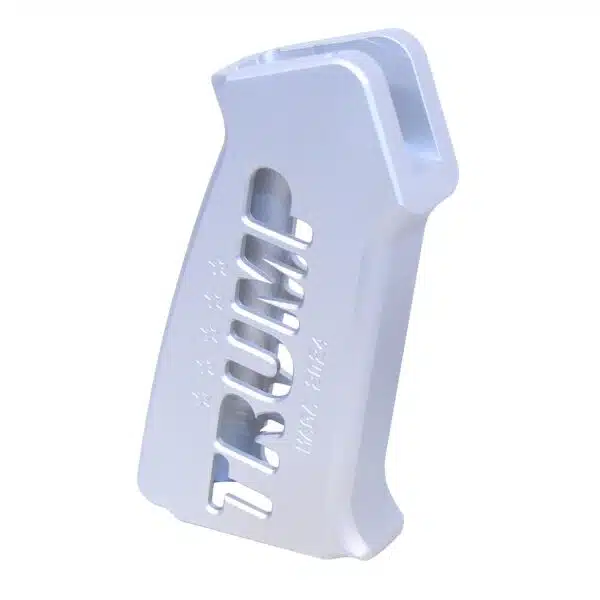 Ergonomic, sleek anodized gray AR-15 pistol grip with finger grooves and modern cutouts.