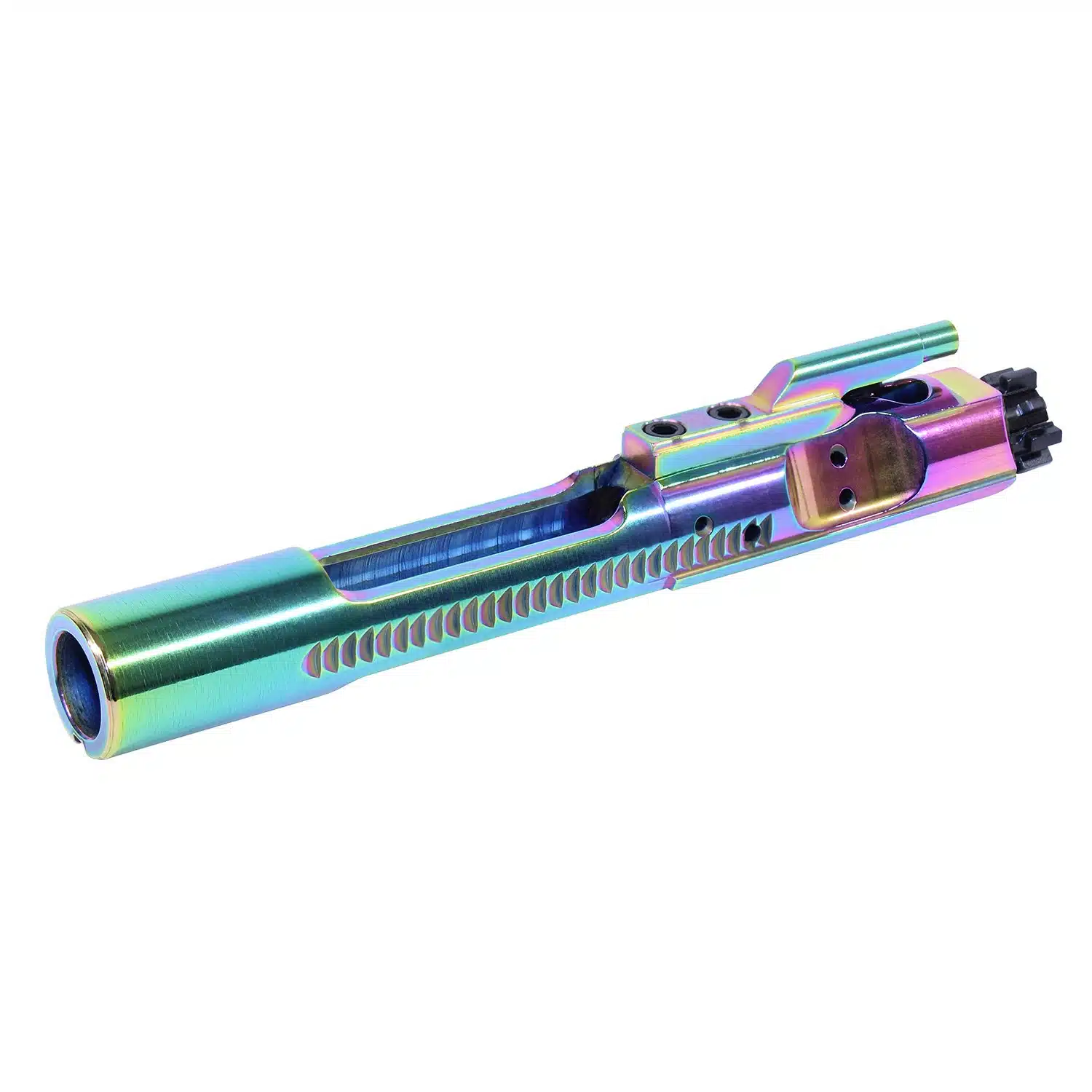 Gloss Rainbow PVD coated AR-15 bolt carrier group with staked gas key and bolt assembly