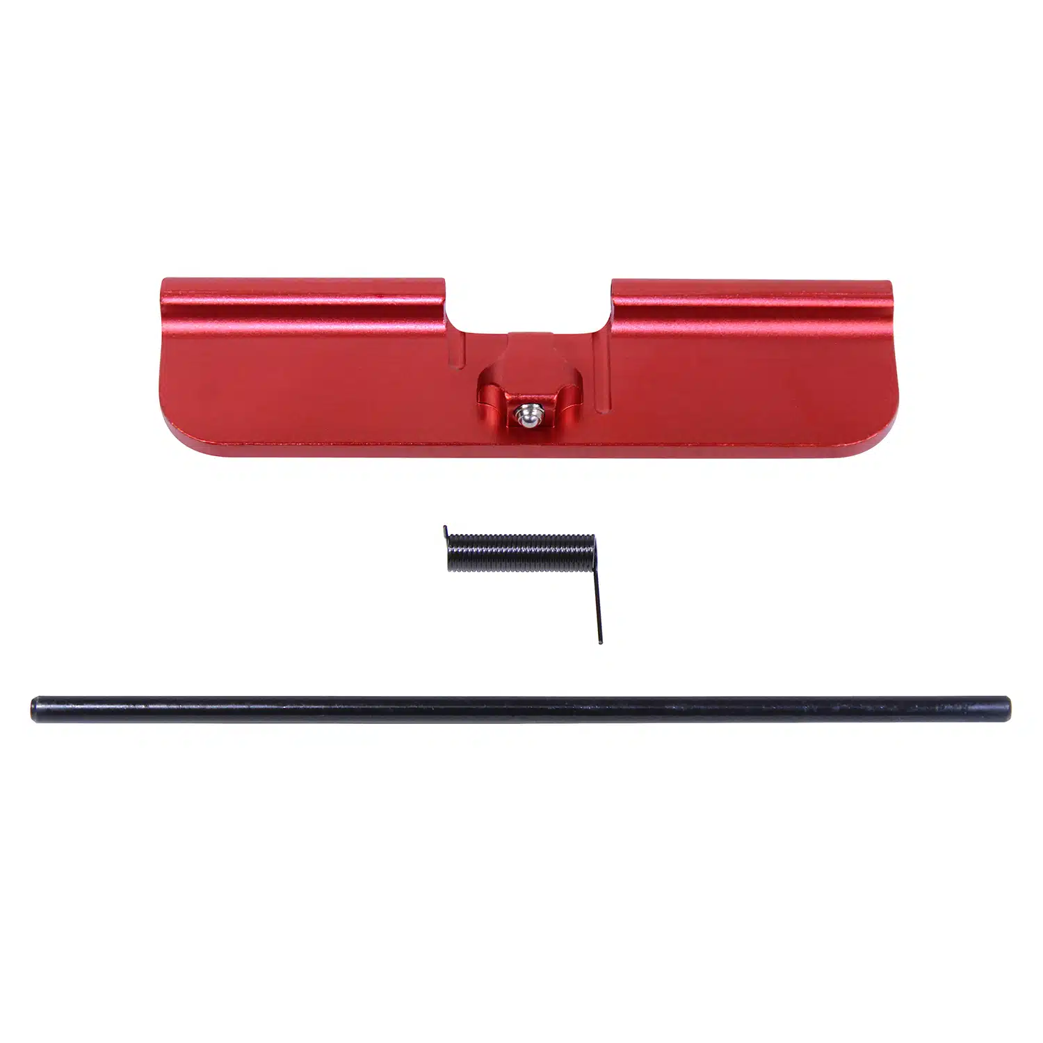 Anodized red AR-10 / LR-308 ejection port dust cover assembly with spring and rod on white background