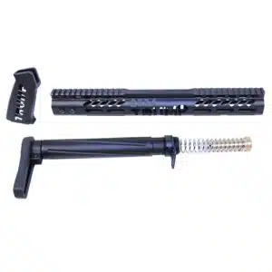 AR-15 components set: ergonomic grip, tactical handguard, buffer tube assembly on white background.