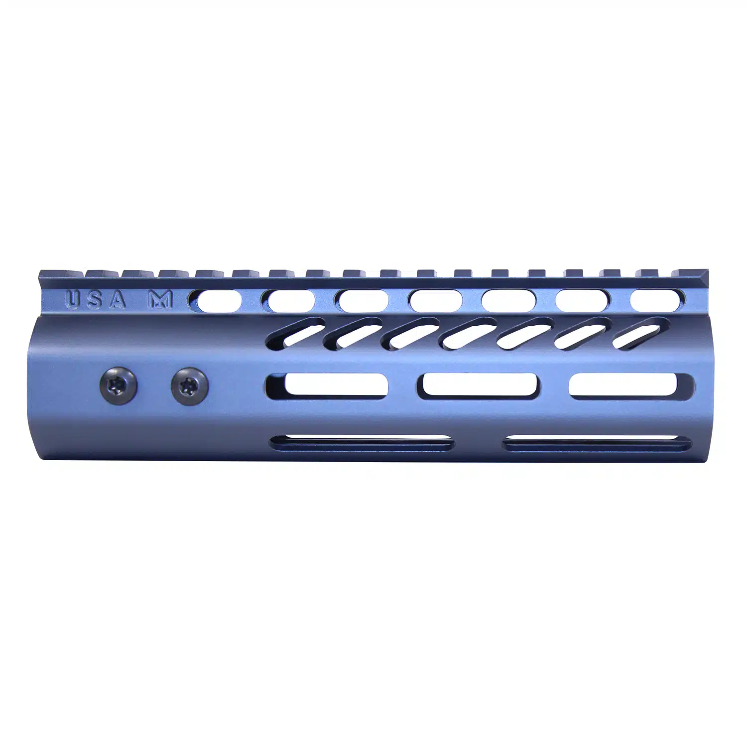 Blue anodized 7-inch M-LOK handguard with monolithic top rail and USA M stamp
