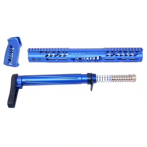 Bright blue anodized AR-style rifle components with extended handguard and matching buffer tube.
