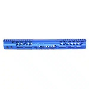 Anodized blue 15 M-LOK rifle handguard with Picatinny rail for custom firearm accessories.