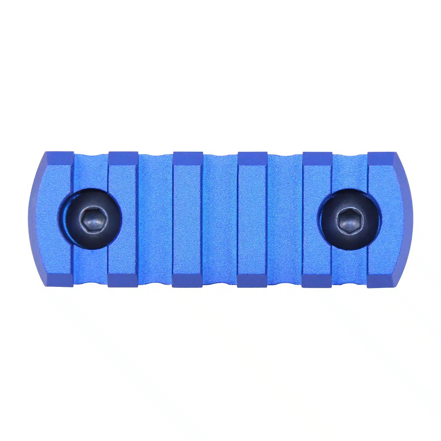 Anodized Blue 2.25 inch M-LOK accessory rail with rounded edges and two black set screws.