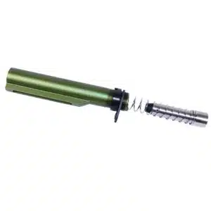 Disassembled 9mm AR buffer tube set with green anodized tube and recoil spring.