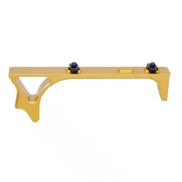 Golden anodized angled foregrip for rifles, enhancing control and personalization for tactical shooting.
