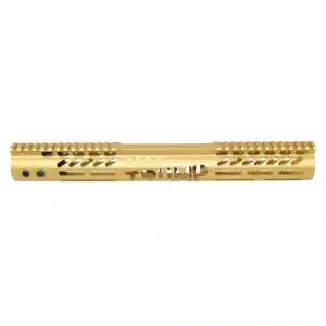 Gold anodized 15 M-LOK AR handguard: lightweight, modular design for accessory customization.