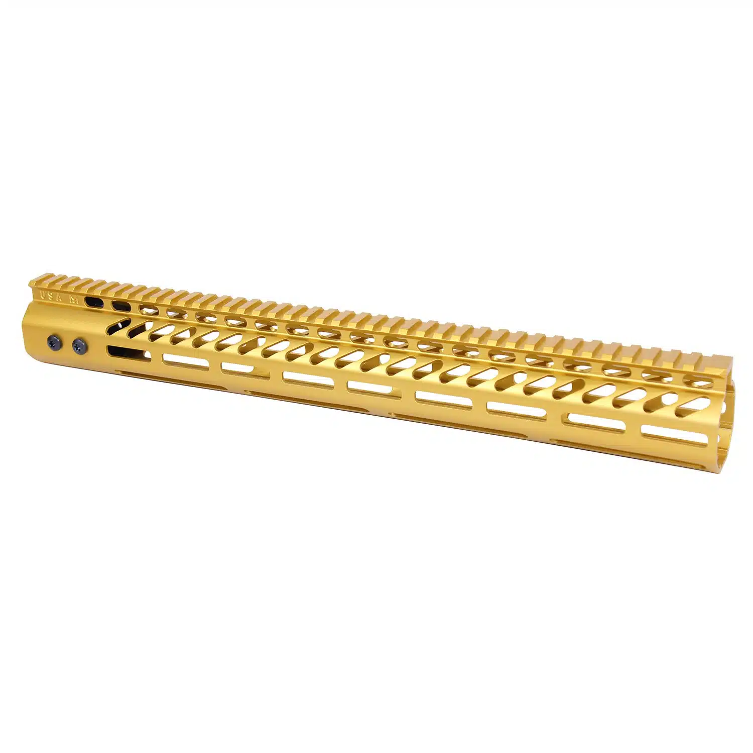 Anodized gold 16.5 inch M-LOK free floating handguard with monolithic top rail for .308 caliber