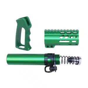 Emerald green AR-15 accessories: pistol grip, handguard, buffer tube for customization.