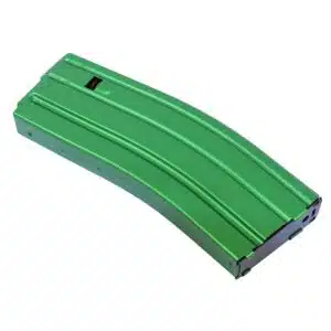 Bright kelly green AR-15 magazine, 30 rounds, metal with grip ridges, glossy finish.
