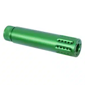 Vibrant green AR-15 suppressor with knurled grip and multi-port muzzle brake.