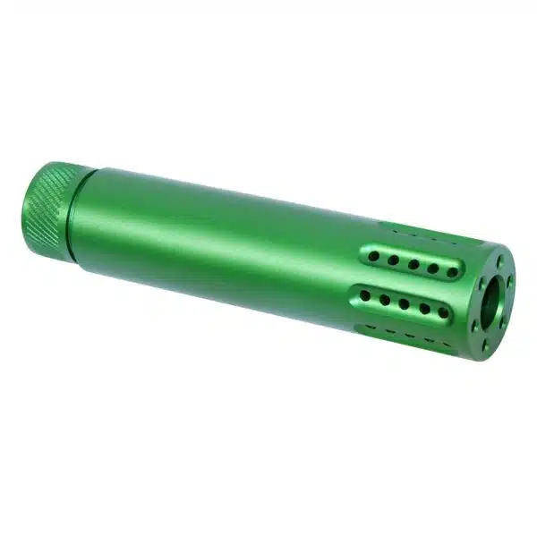 Vibrant green AR-15 suppressor with knurled grip and multi-port muzzle brake.