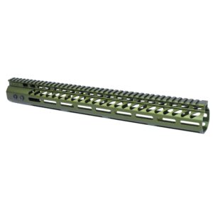 Olive green M-LOK handguard for AR rifles with Picatinny rail, ergonomic, lightweight design.
