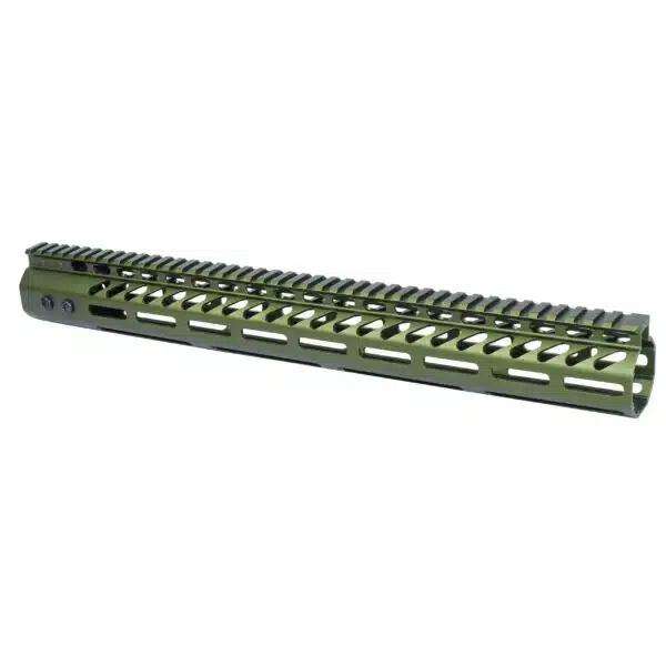 Olive green M-LOK handguard for AR rifles with Picatinny rail, ergonomic, lightweight design.