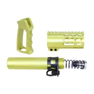 Micro AR Pistol System kit with neon yellow finish, including buffer tube, handguard, and pistol grip.