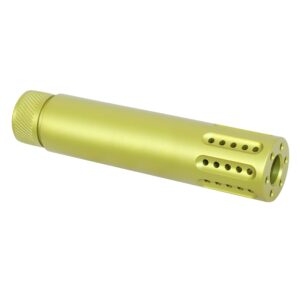 Lime green firearm suppressor with machined holes, textured cap, combines style and sound reduction.