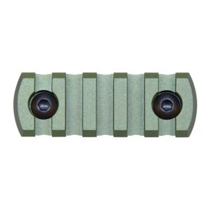 Compact green M-LOK rail section for attaching tactical accessories to firearms or military gear.