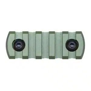 Compact green M-LOK rail section for attaching tactical accessories to firearms or military gear.