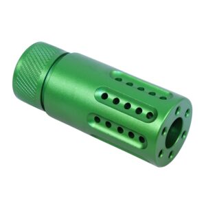 Metallic green muzzle brake for recoil reduction, featuring precision ports and knurled grip.