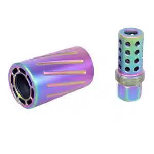 AR-15 muzzle comp with QD blast shield in rainbow PVD finish