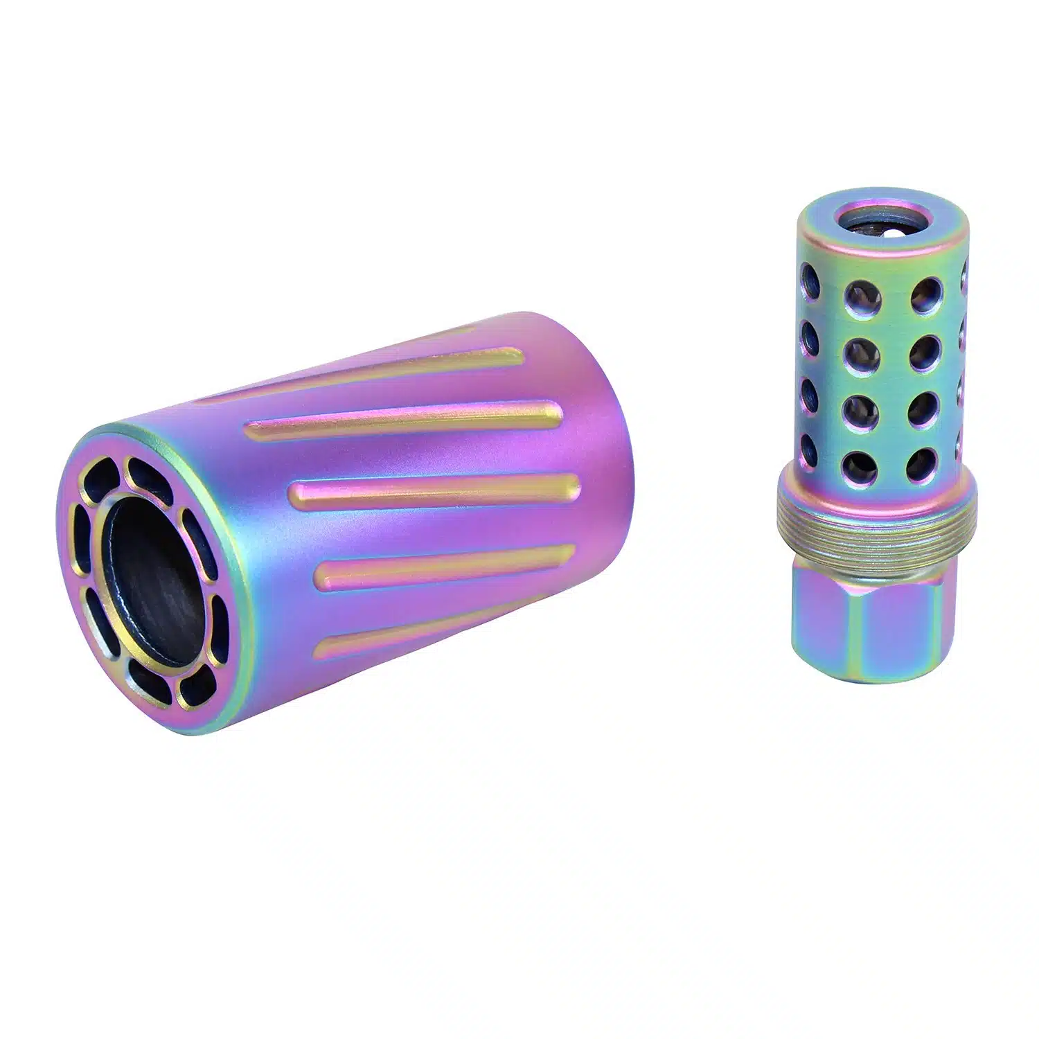 AR-15 muzzle comp with QD blast shield in rainbow PVD finish