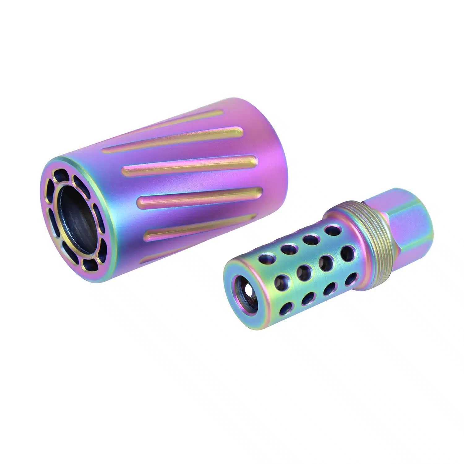 AR-15 muzzle comp with QD blast shield in rainbow PVD finish