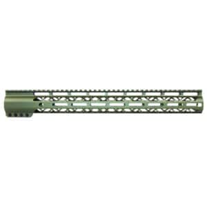 Olive AR-15 handguard with keymod design for lightweight, durable tactical accessory mounting.