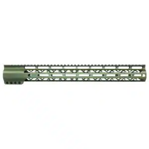 Olive AR-15 handguard with keymod design for lightweight, durable tactical accessory mounting.