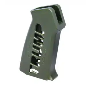 Ergonomic olive drab pistol grip for AR-15, polymer material, tactical aesthetic, ventilation slots.
