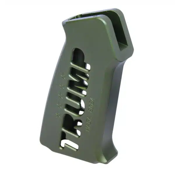 Ergonomic olive drab pistol grip for AR-15, polymer material, tactical aesthetic, ventilation slots.